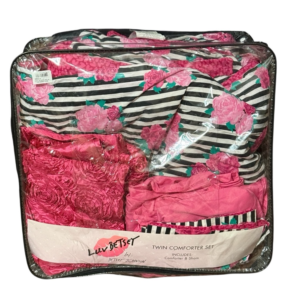 Luv Betsey by Betsey Johnson Twin Comforter Set Curtain Pink Floral Black Stripe